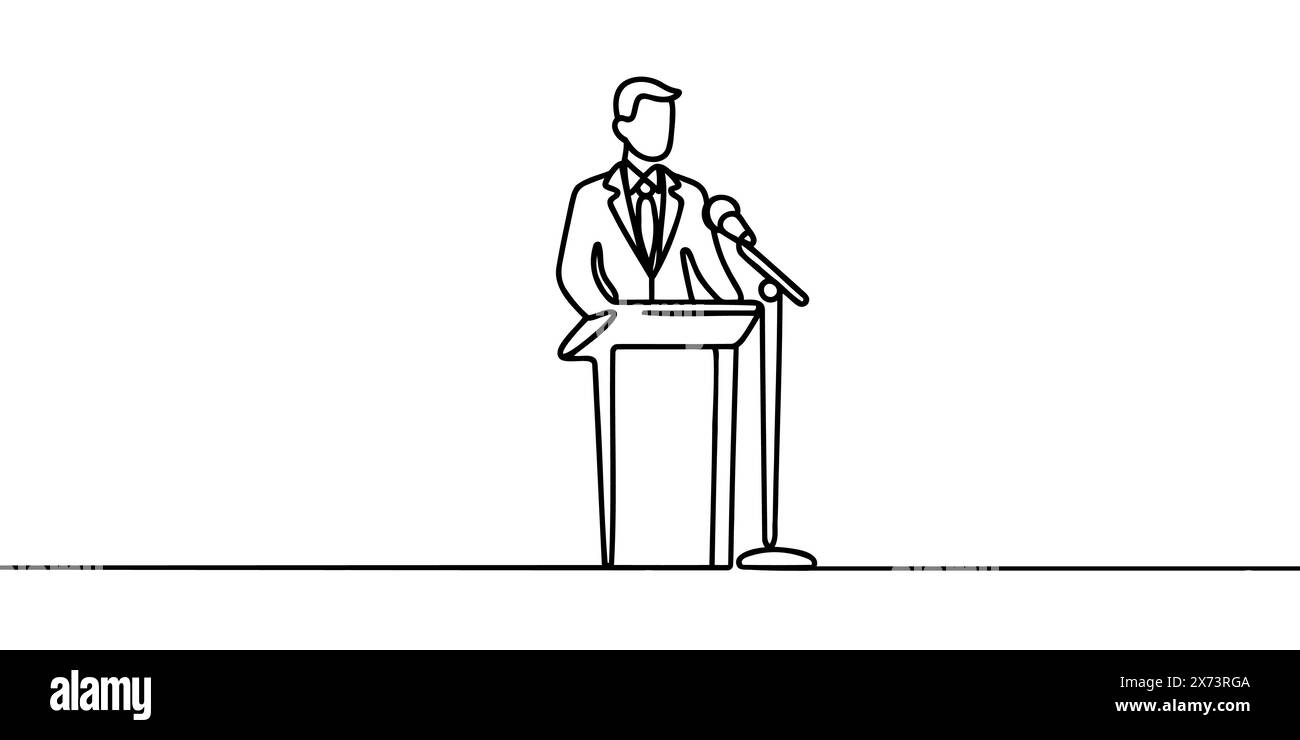 Un homme en costume derrière le podium, une ligne continue de discours sur le podium Illustration de Vecteur