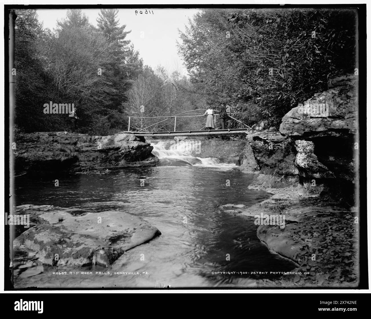 Red Rock Falls, Henryville, Pa., Detroit Publishing Co. No. 011609., Gift ; State Historical Society of Colorado ; 1949, Waterfalls. , Ponts piétonniers. , Rivers. , États-Unis, Pennsylvanie, Henryville. Banque D'Images