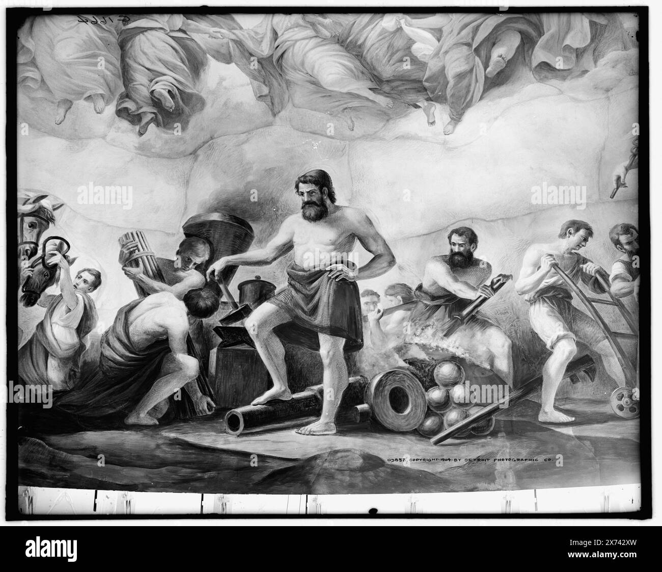 L'apothéose de Washington. Détail mécanique, titre conçu par le catalogeur., photographie d'une fresque de Constantino Brumidi montrant Vulcan représentant la mécanique ; situé dans le Capitole des États-Unis., 'G 1664' sur négatif., Detroit Publishing Co. M 9852., Gift ; State Historical Society of Colorado ; 1949, Vulcan (divinité romaine), Capitols. , Plafonds. , Rotundas. , Peintures murales. , États-Unis, District of Columbia, Washington (D.C.) Banque D'Images