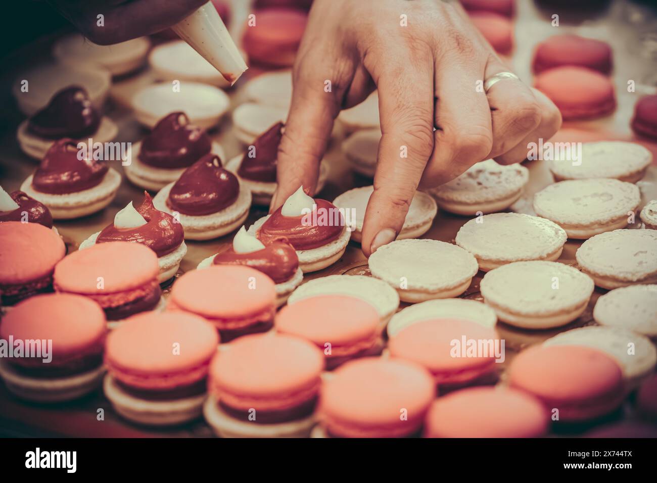 Mains de confiseur remplissant les macarons de crème ganache rose Banque D'Images