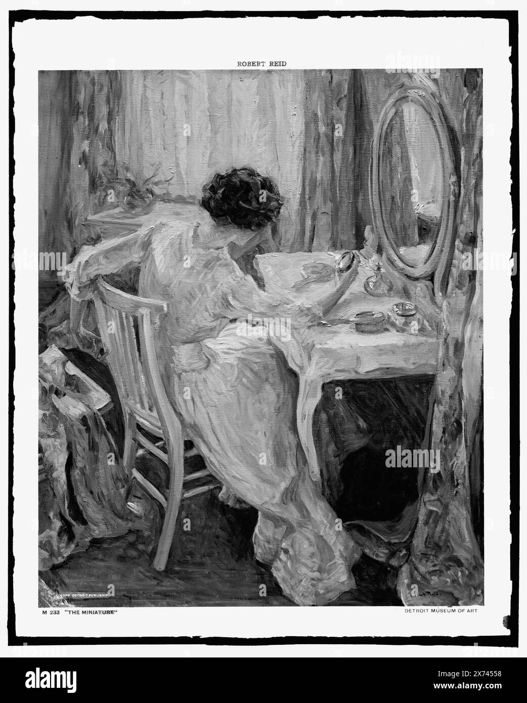 La miniature, photographie de peinture signée 'Robert Reid', au Detroit Museum of Art., femme assise à la coiffeuse regardant une miniature., Detroit Publishing Co. No. M233., Gift ; State Historical Society of Colorado ; 1949, Women. , Intérieurs. Banque D'Images