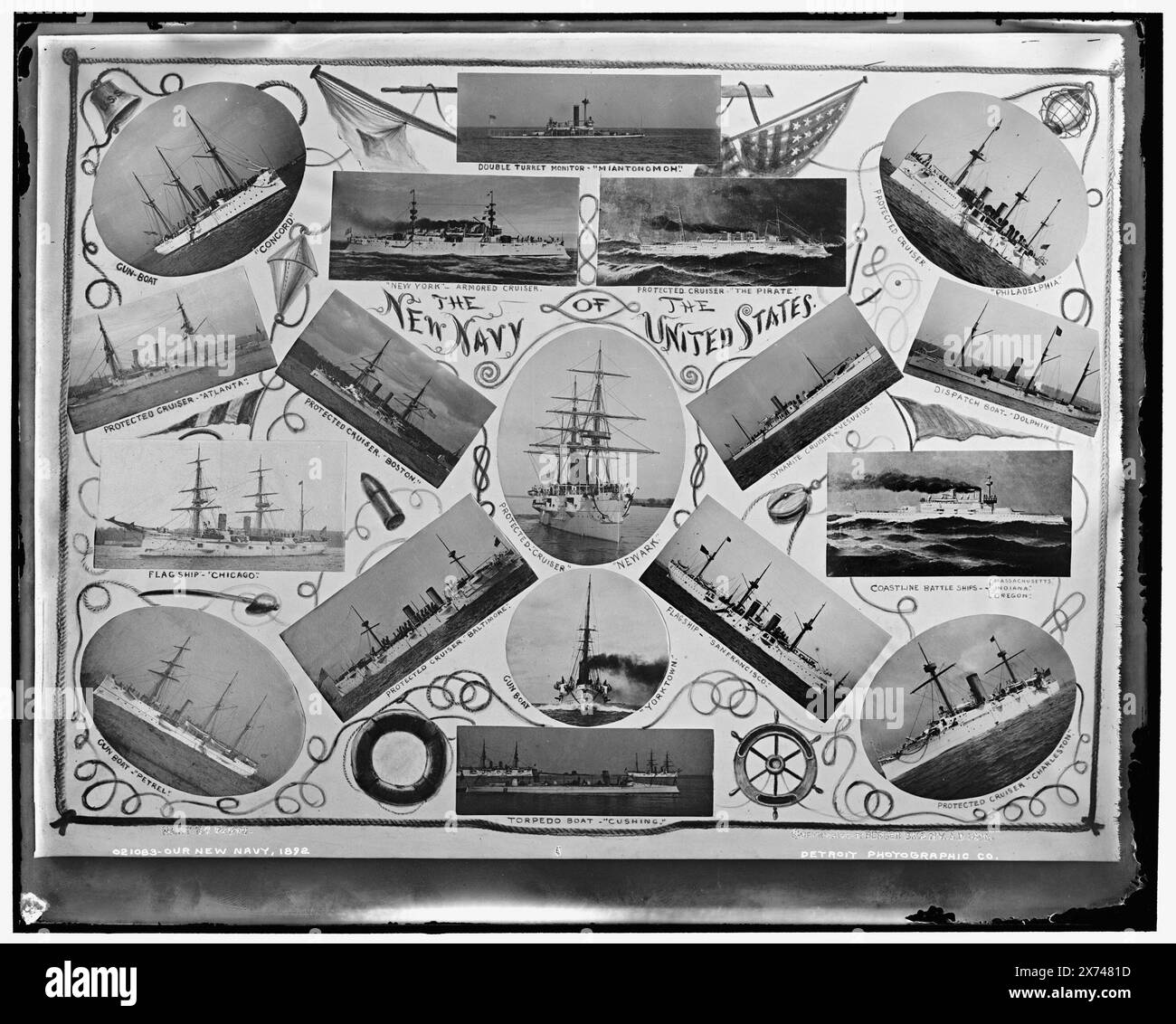 Notre nouvelle marine, 1892, photographie d'un groupe de tirages photographiques avec bordure décorative., Detroit Publishing Co. No. 021083., Gift ; State Historical Society of Colorado ; 1949, États-Unis., Navy. , Navires du gouvernement, américain. Banque D'Images