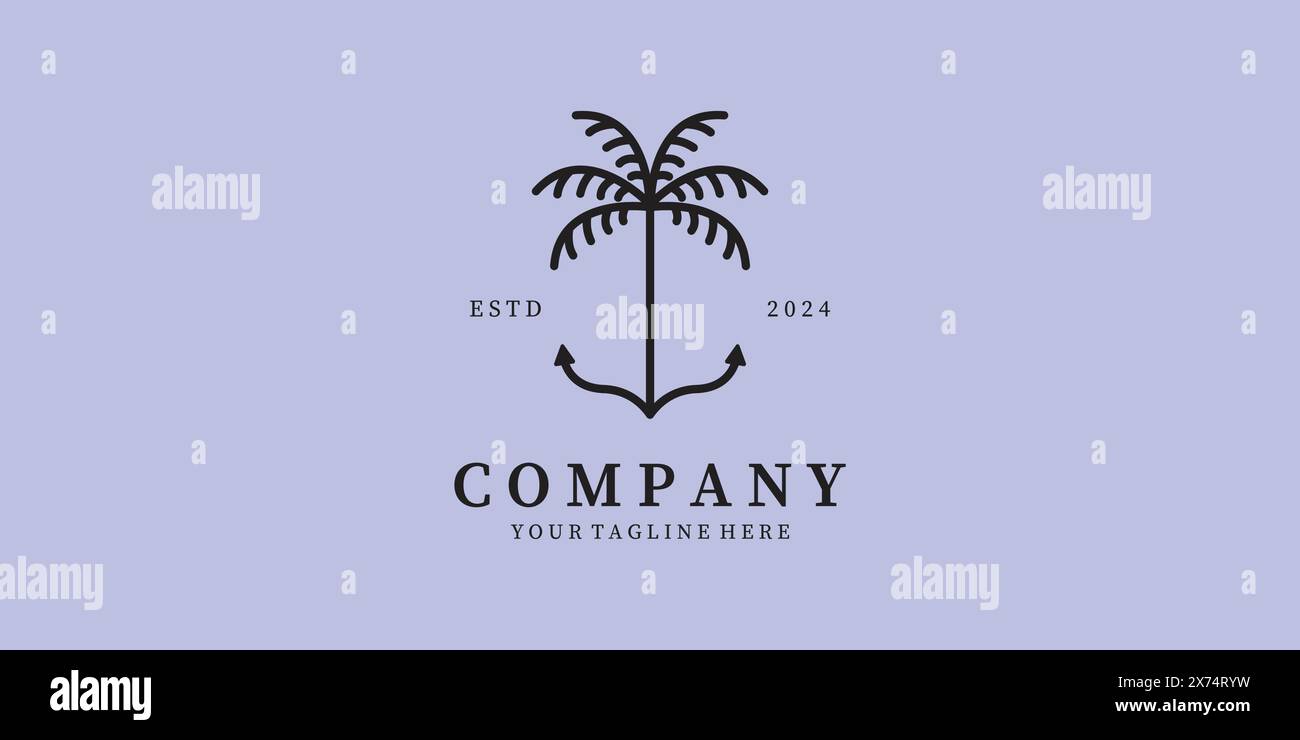 logo d'arbre de coco avec illustration d'icône vectorielle d'art de ligne d'ancrage design minimaliste Illustration de Vecteur