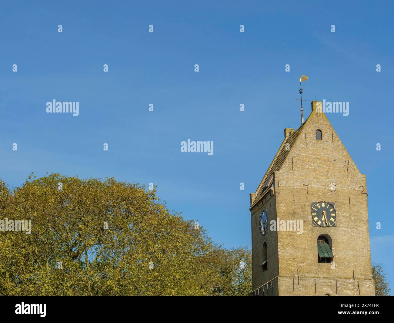 Vue partielle d'une tour d'église avec cadran d'horloge et arbres devant un ciel bleu, tour d'église sur pierre avec des arbres verts devant un ciel bleu, nes Banque D'Images