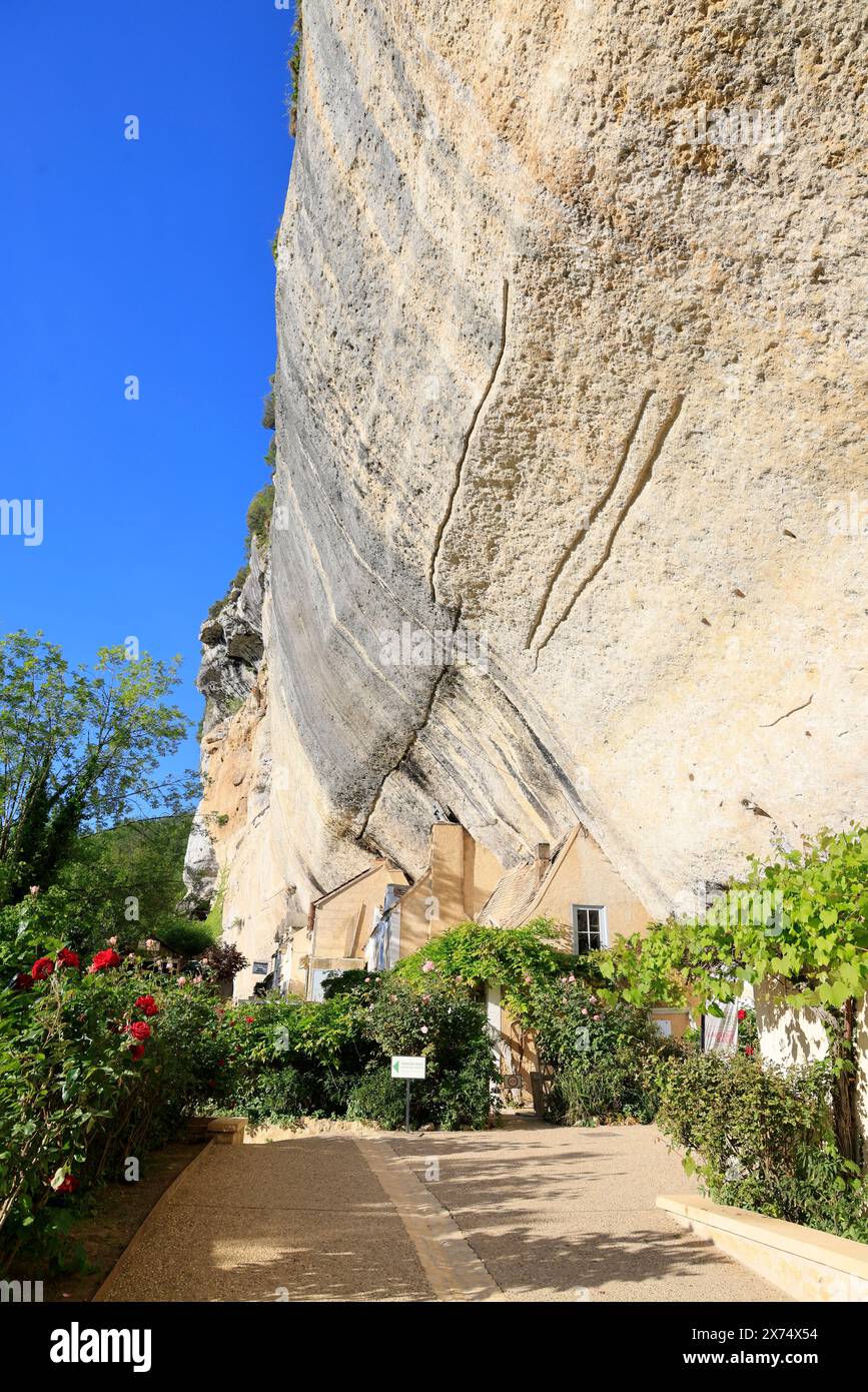 Le site préhistorique de Laugerie-basse, abri rocheux sur la commune des Eyzies en Dordogne, capitale mondiale de la préhistoire. La rivière Vézère coule à Banque D'Images