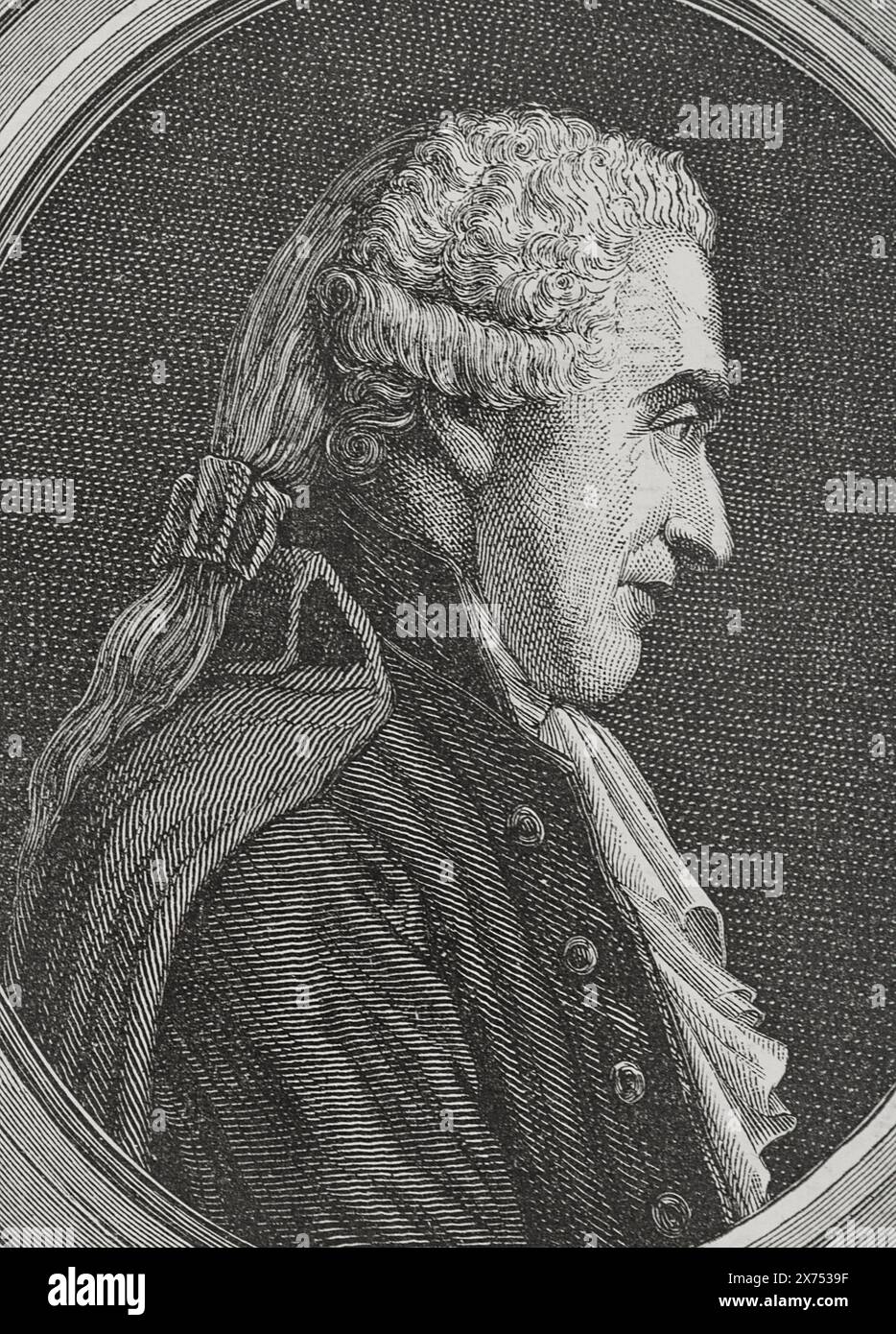 François Denis Tronchet (1726-1806) Juriste français. Il fut l'un des avocats qui défendit le roi Louis XVI (1754-1793) lors de son jugement. Il participe à la rédaction du code civil français. Portrait. Gravure. "Histoire de la Révolution française". Volume I, 1876. Banque D'Images