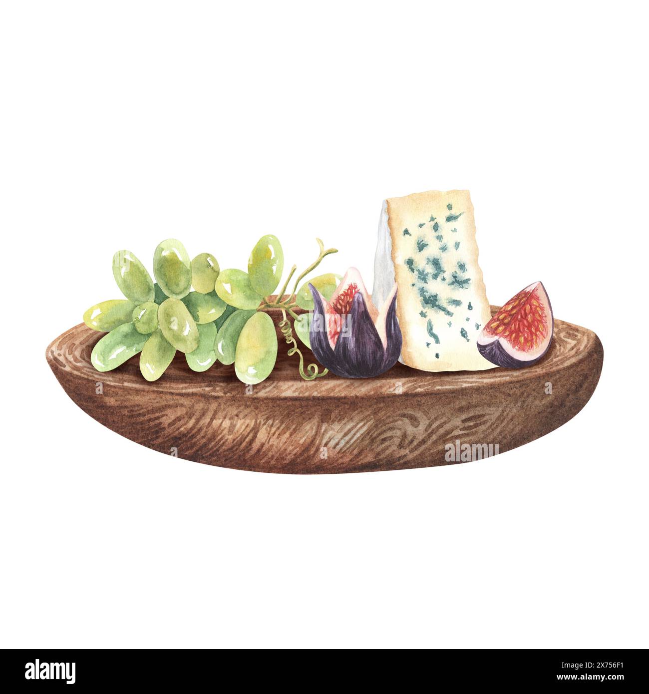 Assiette en bois fruits et fromage. Illustration dessinée à la main à l'aquarelle isolée sur fond blanc. Pièce bleue DOR, figues et raisins. Pour un design réorienté Banque D'Images