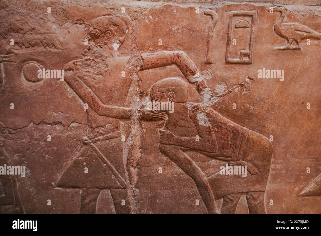 Gros plan d'un relief de tombeau de l'ancien Empire de Saqqara montrant un serviteur discipliné ou rasé, avec une sculpture détaillée et les hiéroglyphes environnants. Banque D'Images