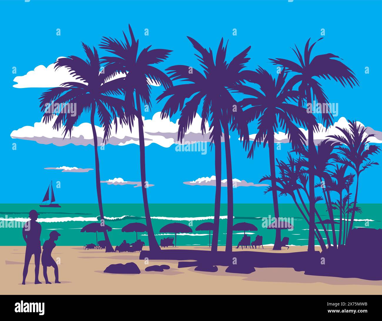 WPA affiche art de Waikiki plage dans le comté d'Honolulu dans l'île d'Oahu, Hawaii USA en fait dans le style d'administration de projet de travaux ou art fédéral proj Illustration de Vecteur