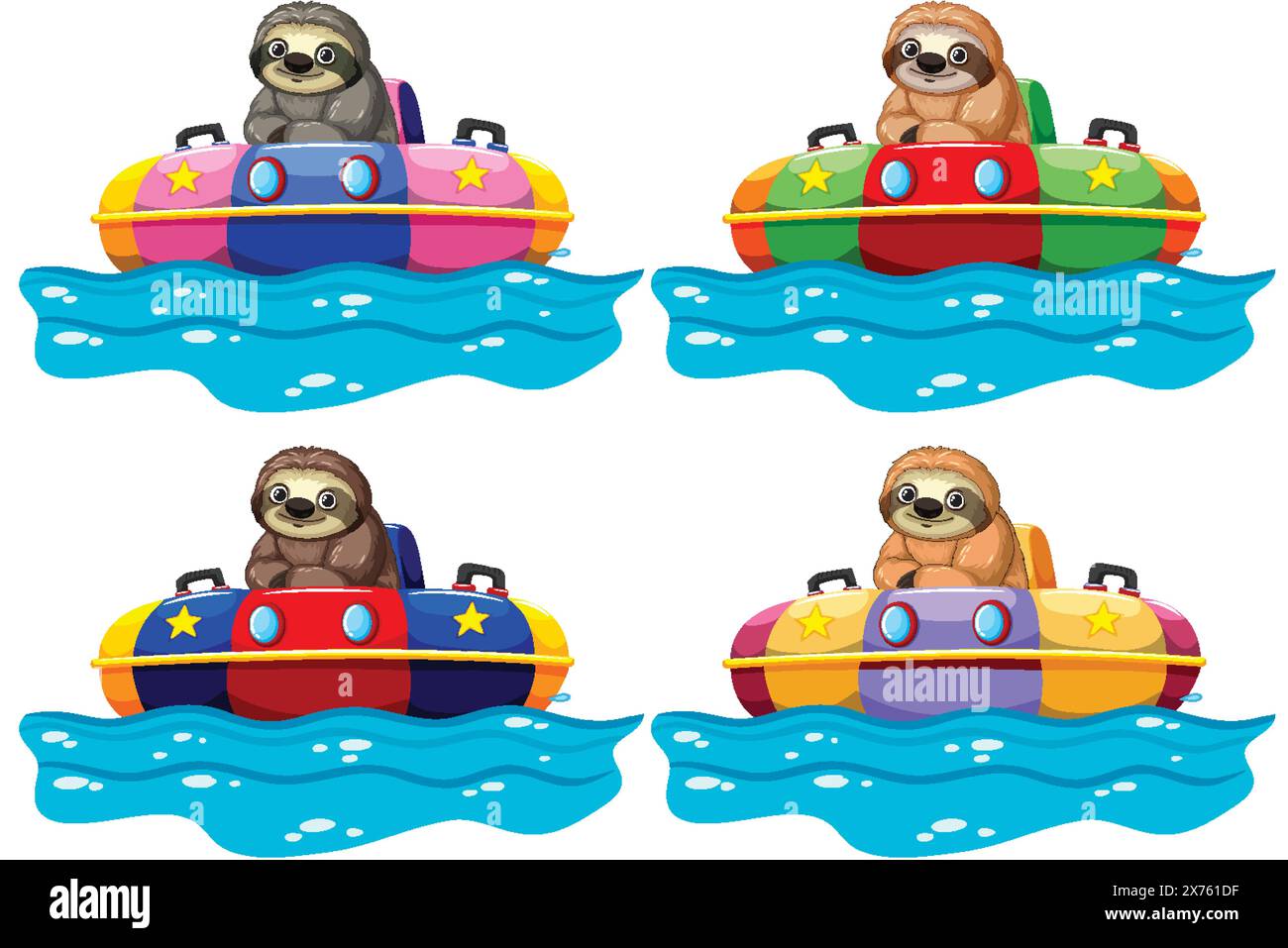 Quatre paresseux dans des bateaux tamponneurs colorés sur l'eau Illustration de Vecteur