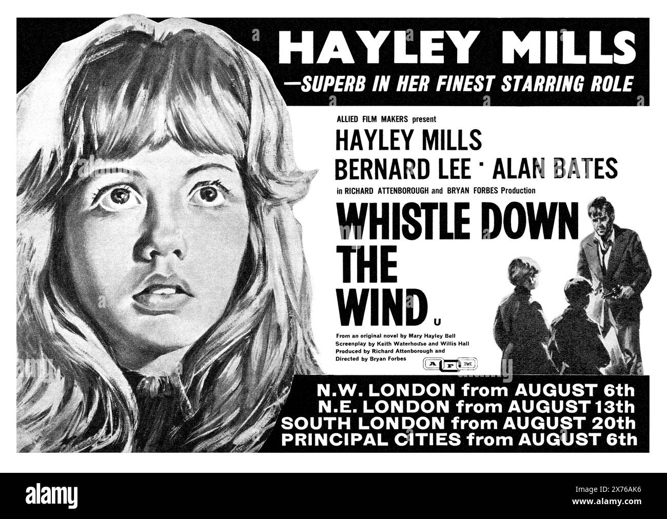 1961 publicité britannique pour le film Whistle Down the Wind, avec Hayley Mills, Bernard Lee et Alan Bates, réalisé par Bryan Forbes. Banque D'Images