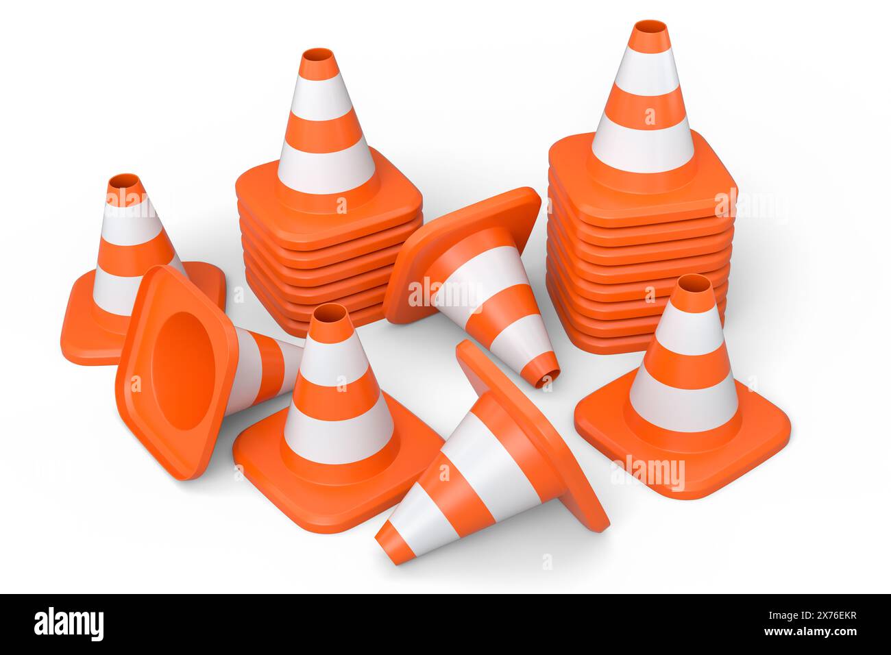 Jeu de casques de sécurité ou casques de sécurité et cônes de signalisation, signalisation routière pour travaux de construction sur fond blanc. 3d outils de menuiserie de rendu pour in Banque D'Images