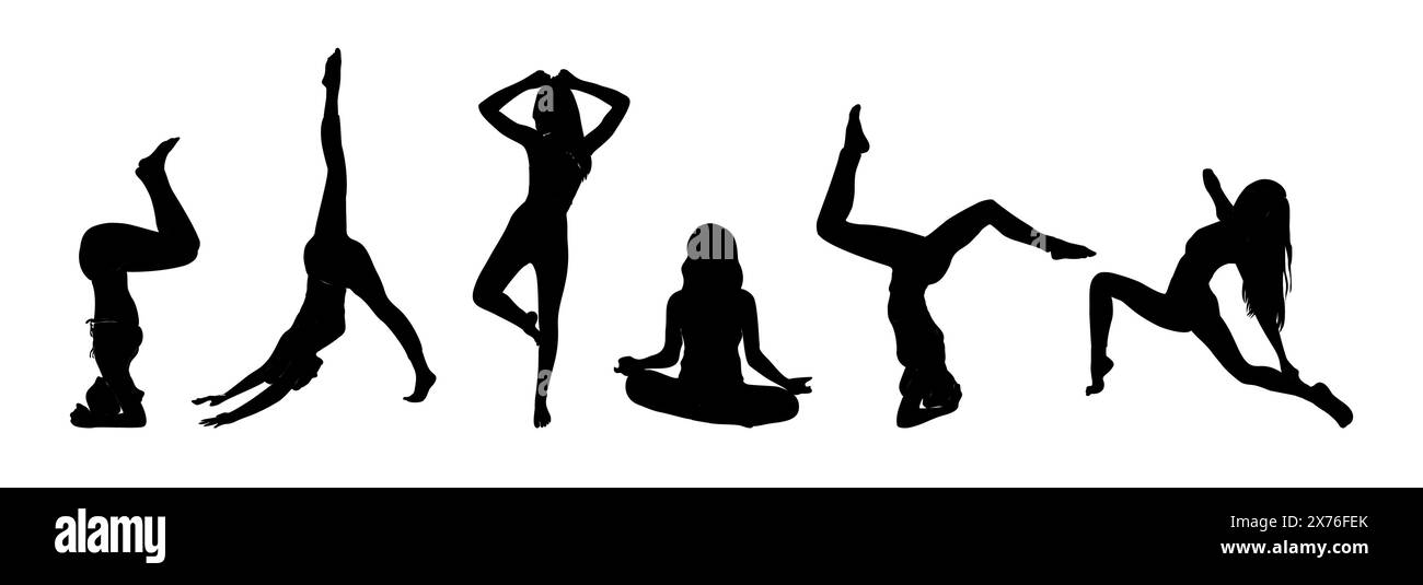 Silhouettes de différentes femmes sportives faisant du yoga Illustration de Vecteur