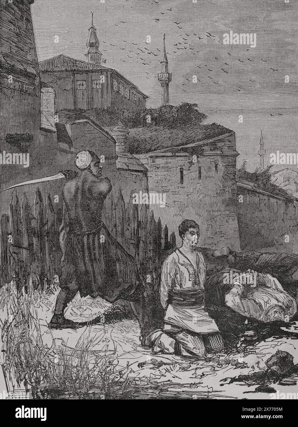 La question orientale. Guerres serbo-turques (1876-1878). La Serbie déclara la guerre à l'Empire ottoman le 30 juin 1876. Le soulèvement d'avril 1876 a été vécu par une forte répression de la part des autorités turques en Bulgarie. Exécution d'insurgés bulgares à Vidin. Gravure. 'La Guerra de Oriente' (la guerre russo-turque). Volume II. 1877. Banque D'Images