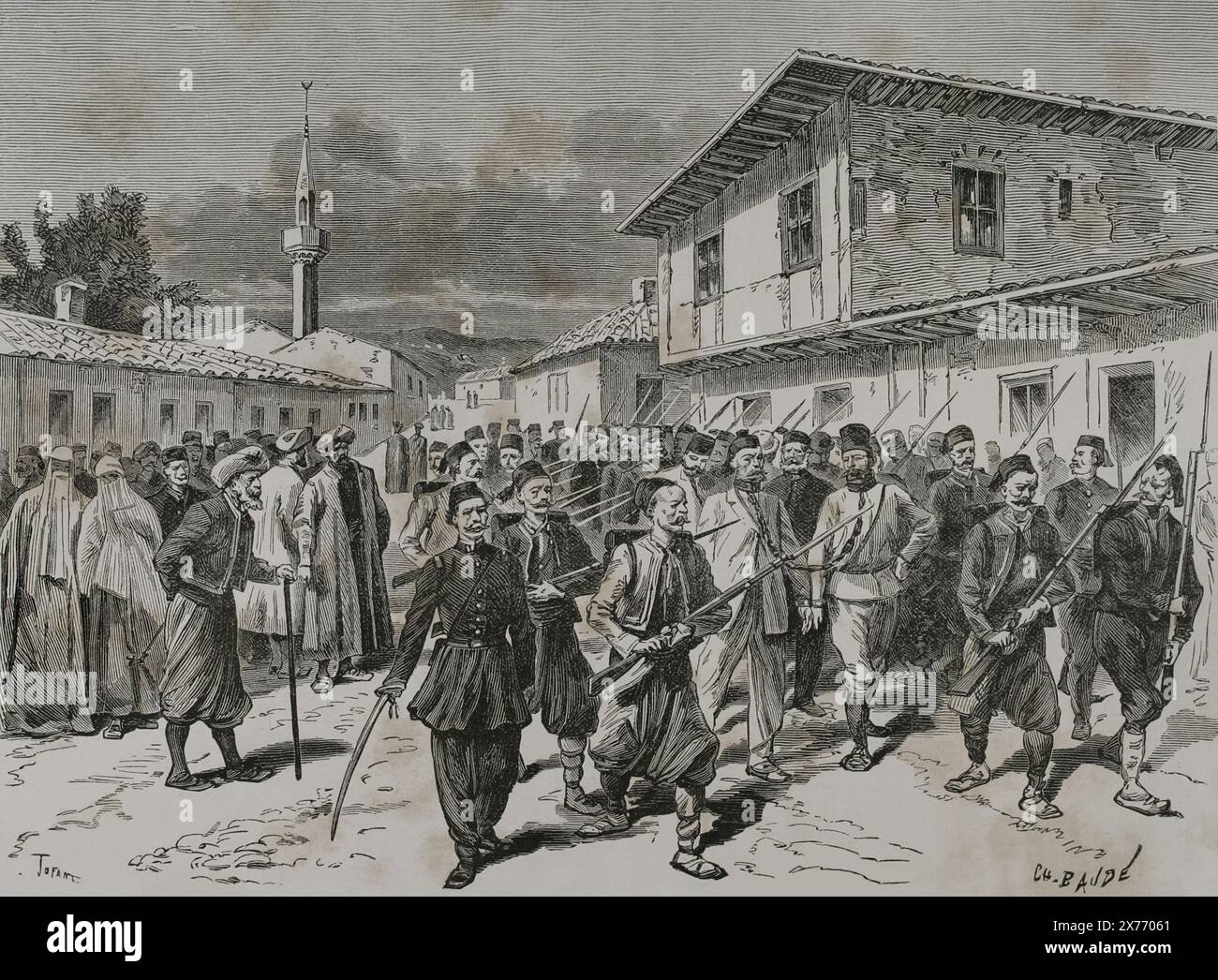 La question orientale. Guerres serbo-turques (1876-1878). La Serbie déclara la guerre à l'Empire ottoman le 30 juin 1876. Le soulèvement d'avril 1876 a été vécu par une forte répression de la part des autorités turques en Bulgarie. Insurgés serbes conduits en prison par les Turcs. Gravure de Charles Baude. 'La Guerra de Oriente' (la guerre russo-turque). Volume II. 1877. Banque D'Images