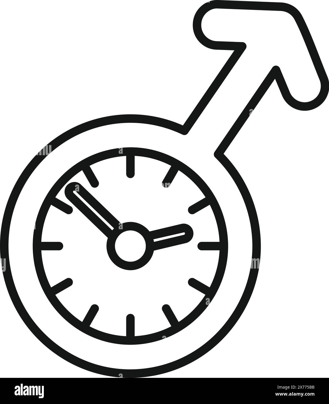 Illustration en noir et blanc d'un compteur de vitesse avec une flèche de symbole masculin, symbolisant la performance Illustration de Vecteur