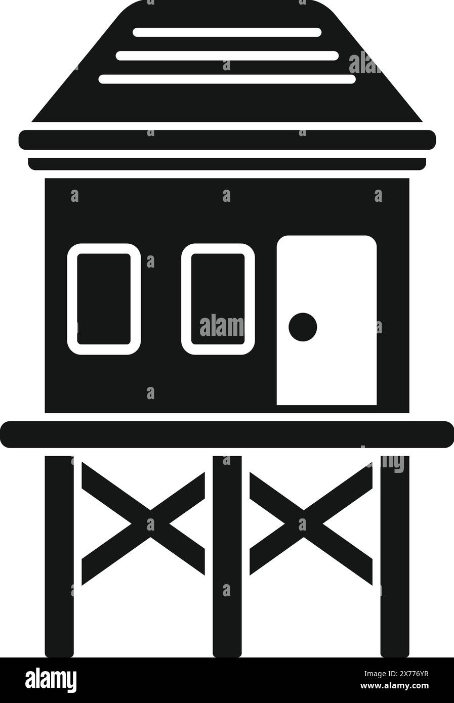 Illustration vectorielle noir et blanc minimaliste d'une icône de maison de plage sur pilotis. Une propriété côtière élégante et simple avec protection contre les ondes de tempête et prévention des zones inondables Illustration de Vecteur