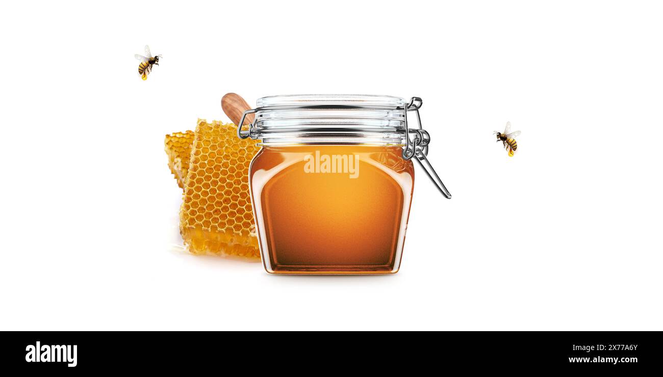 Pot de miel en verre transparent avec maquette d'abeille pour étiquette d'emballage : rendu 3D. Banque D'Images
