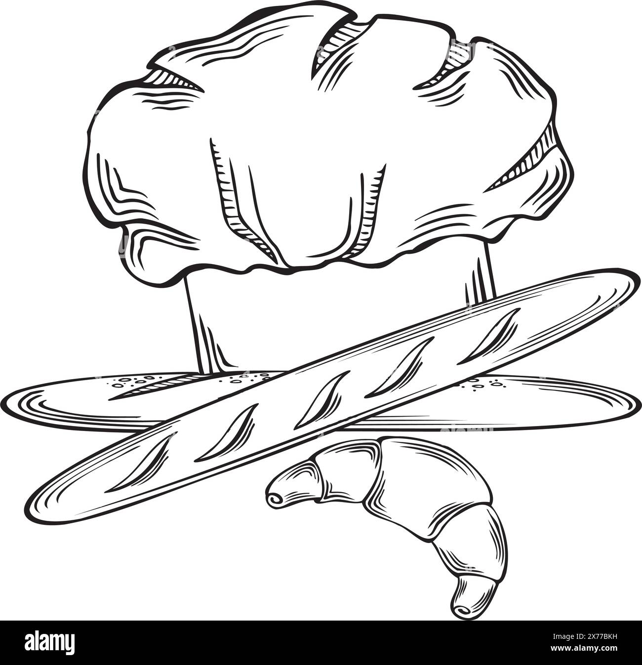 Baguettes croissants français et chapeau de chefs. Produits de boulangerie. Coiffe uniforme professionnelle. Illustration vectorielle linéaire, isolée. Produit alimentaire. Modèle Illustration de Vecteur