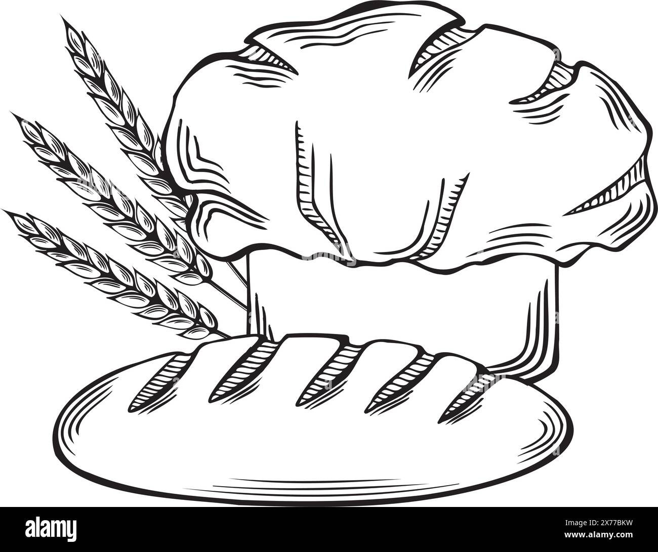 Chapeau de chef et pain pain de pain oreilles de blé. Produits de boulangerie. Coiffe uniforme professionnelle. Illustration vectorielle linéaire, isolée. Modèle d'esquisse de produits alimentaires Illustration de Vecteur