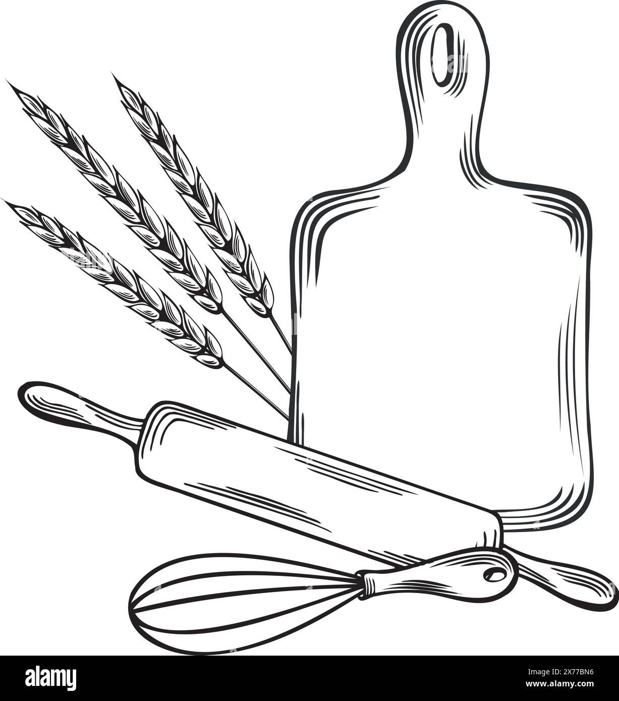 Ustensiles de cuisine, ustensiles de cuisson. Épis de blé. Planche à découper, rouleau à pâtisserie et fouet. Illustration plate vectorielle linéaire, isolée. Instrument en bois. Modèle Illustration de Vecteur