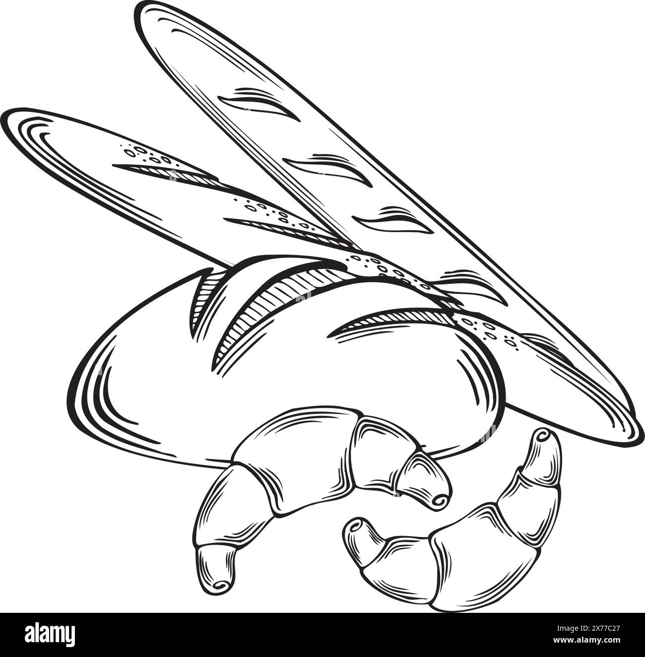 Baguettes croissants français et pain rond. Produits de boulangerie à base de blé et de seigle. Illustration vectorielle linéaire, isolée. Esquisser des produits alimentaires frais. Templat Illustration de Vecteur
