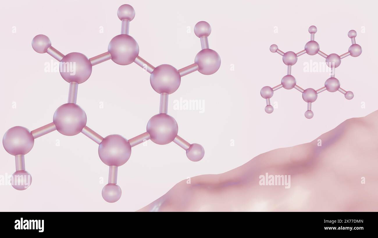 Le rendu 3d de l'hydroquinone ou HQ est également connu comme inhibiteur de synthèse de mélanine et a des propriétés antioxydantes Banque D'Images