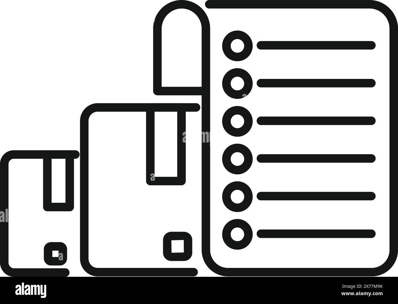 Illustration vectorielle simple en noir et blanc présentant différentes tailles de bagages et une liste de contrôle Illustration de Vecteur