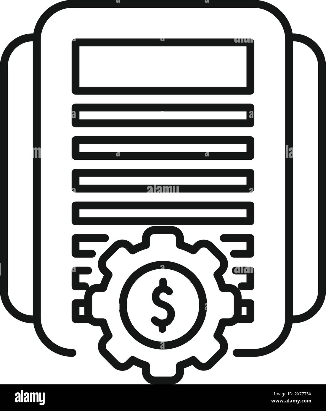 Icône de dessin au trait d'un journal avec un signe d'engrenage et de dollar, représentant l'actualité financière ou la mise à jour de l'économie Illustration de Vecteur