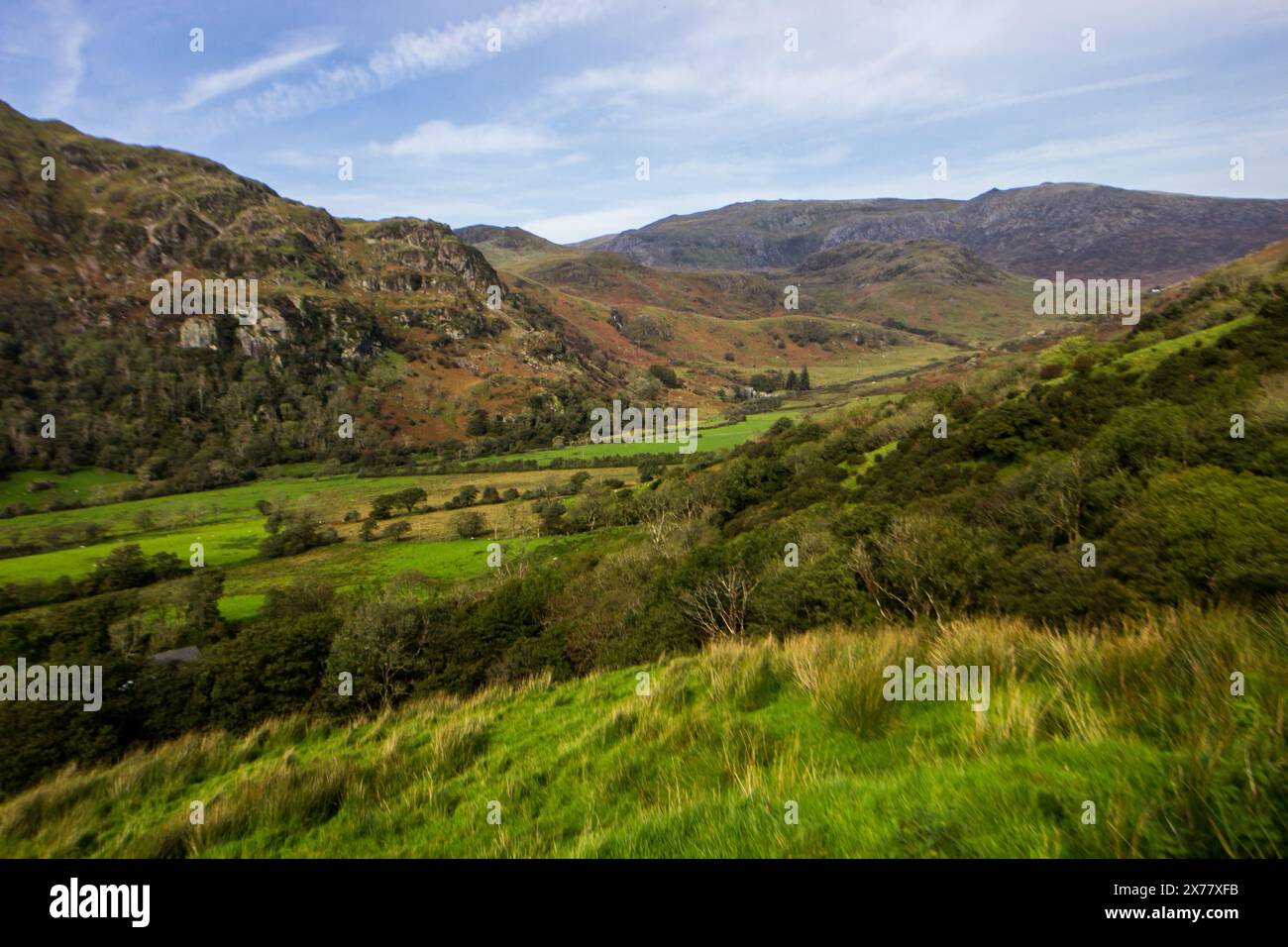 Vue spectaculaire sur la vallée de Nnant Gwynant dans les montagnes du parc national d'Eryri, rempli de bois, de terres agricoles et de landes Banque D'Images