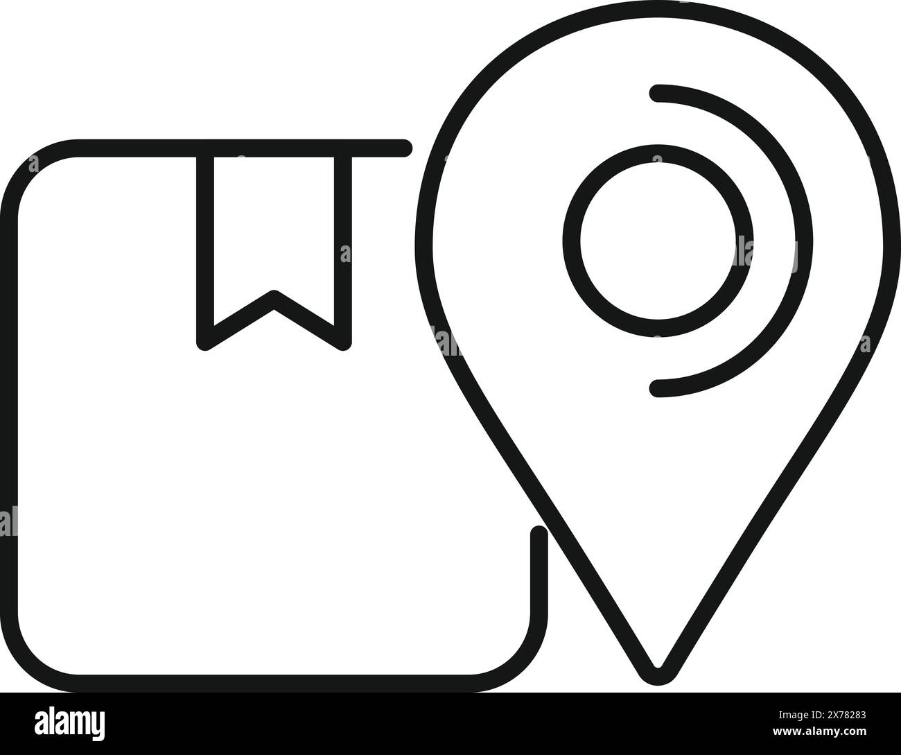 Dessin au trait noir et blanc d'un livre avec un symbole d'épingle d'emplacement, représentant les lieux enregistrés Illustration de Vecteur