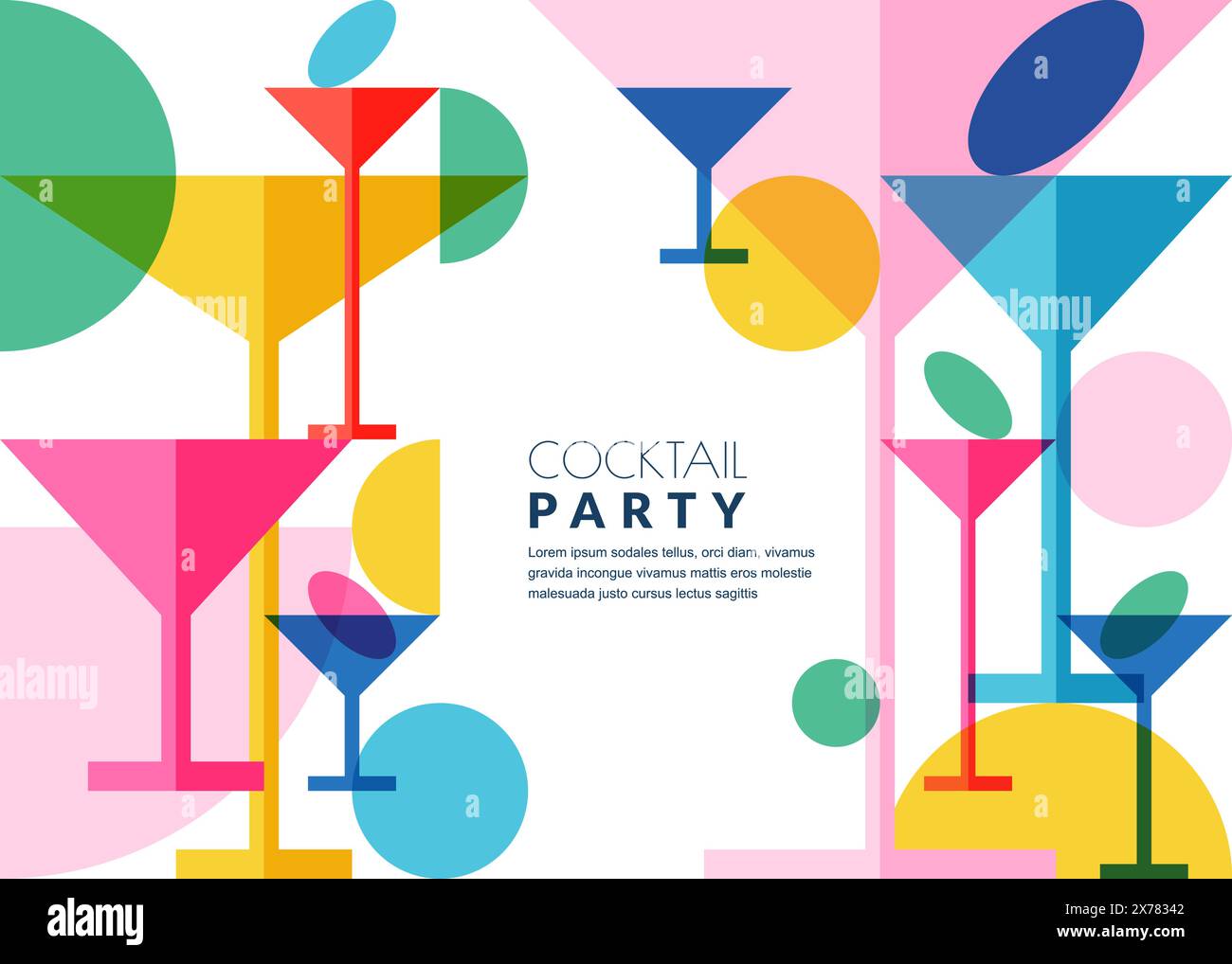 Cocktail party bloc de couleur abstrait fond blanc géométrique. Illustration de verres à boire à margarita multicolore plat vectoriel. Bannière, affiche, prospectus, Illustration de Vecteur