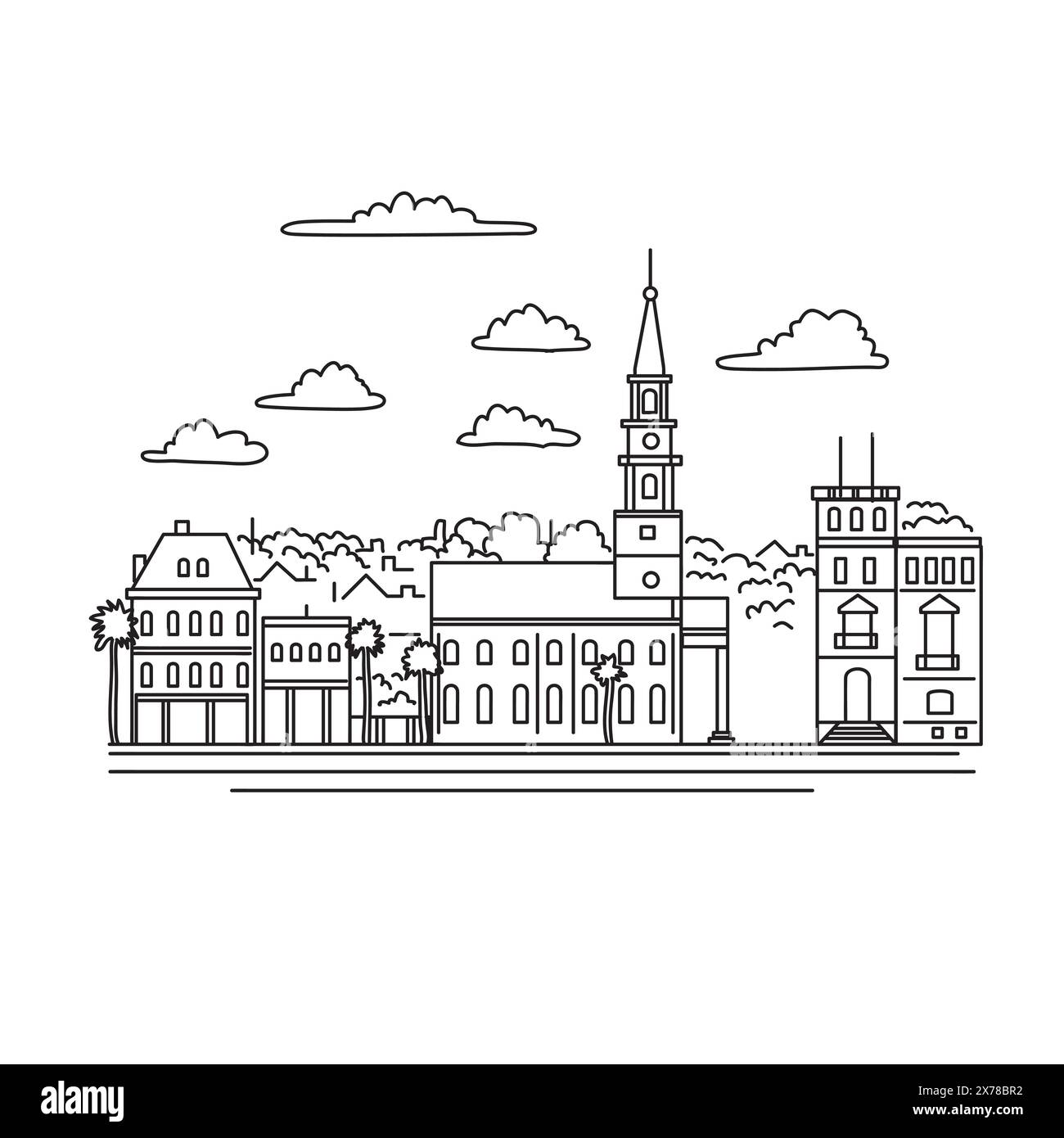 Illustration mono ligne de Broad Street, y compris le clocher de St. Église épiscopale de Michael à Charleston, Caroline du Sud, États-Unis fait en lin monoline Illustration de Vecteur