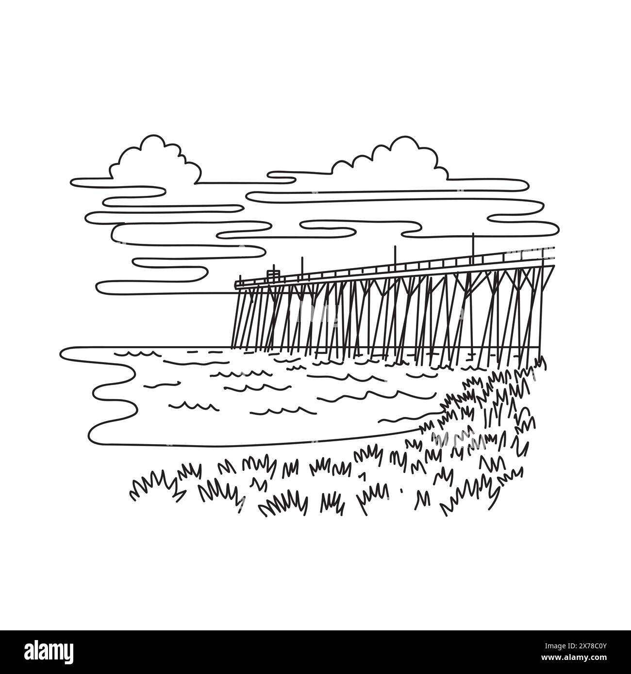 Illustration mono ligne de jetée ou jetée de pêche à Kure Beach à Wilmington, Caroline du Nord, États-Unis fait dans le style d'art noir et blanc ligne monoline. Illustration de Vecteur
