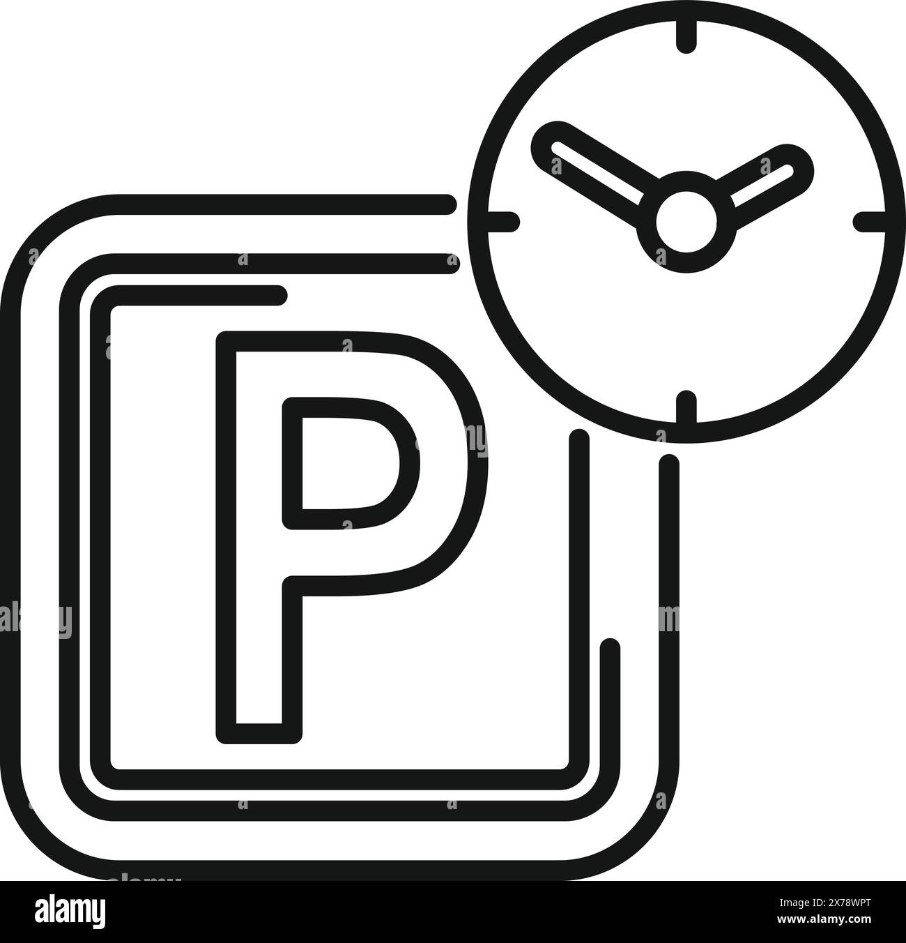 Vecteur d'art de ligne noir et blanc d'un panneau de stationnement avec un symbole d'horloge intégré Illustration de Vecteur