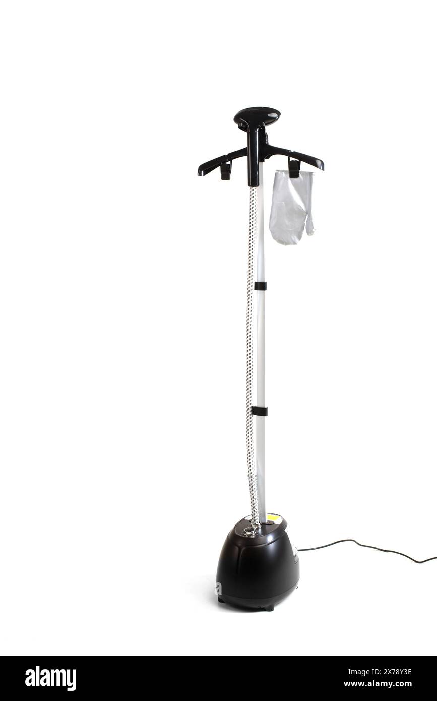 vapeur verticale pour vêtements, meubles et rideaux isolés sur fond blanc. petits appareils électroménagers pour la maison. Nettoyage de maison Banque D'Images