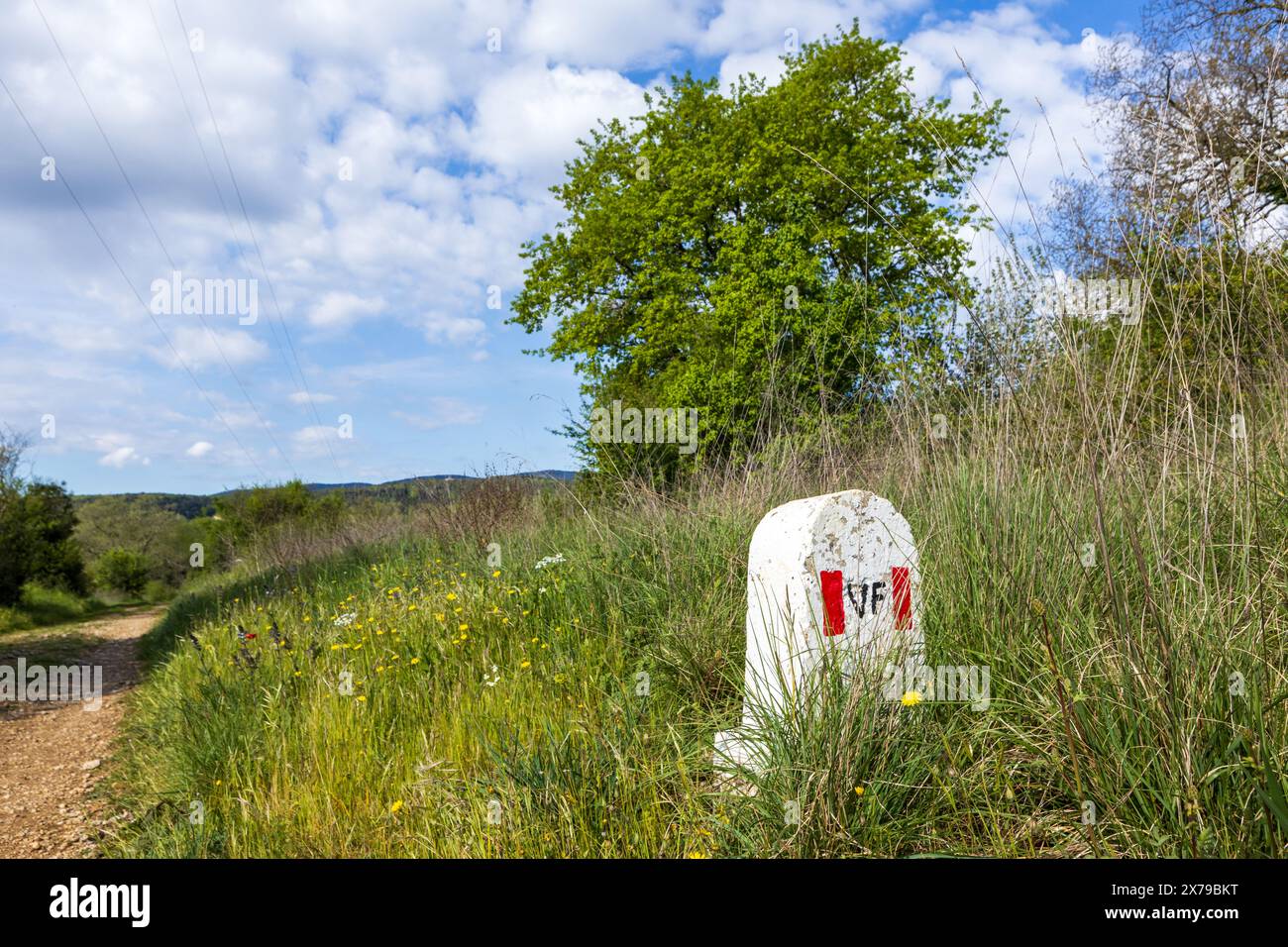 Un jalon en pierre sur la route de pèlerinage via Francigena entre Canterbury en Angleterre et Rome en Italie. Pris sur un chemin en Toscane par une journée ensoleillée. Banque D'Images