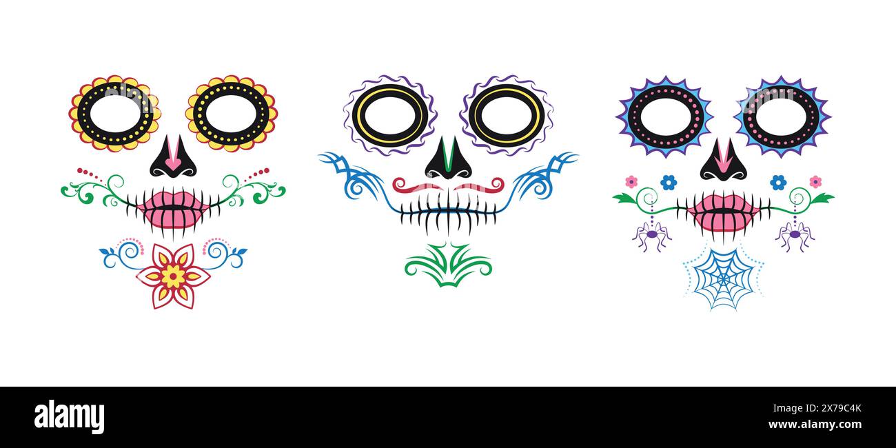 Lot de 3 élégants motifs de crâne de sucre. Style Catrina. Illustration vectorielle. Illustration de Vecteur