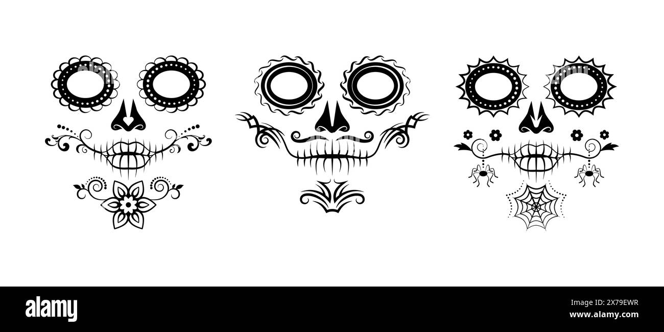 Lot de 3 élégants motifs de crâne de sucre. Style Catrina. Illustration vectorielle. Illustration de Vecteur