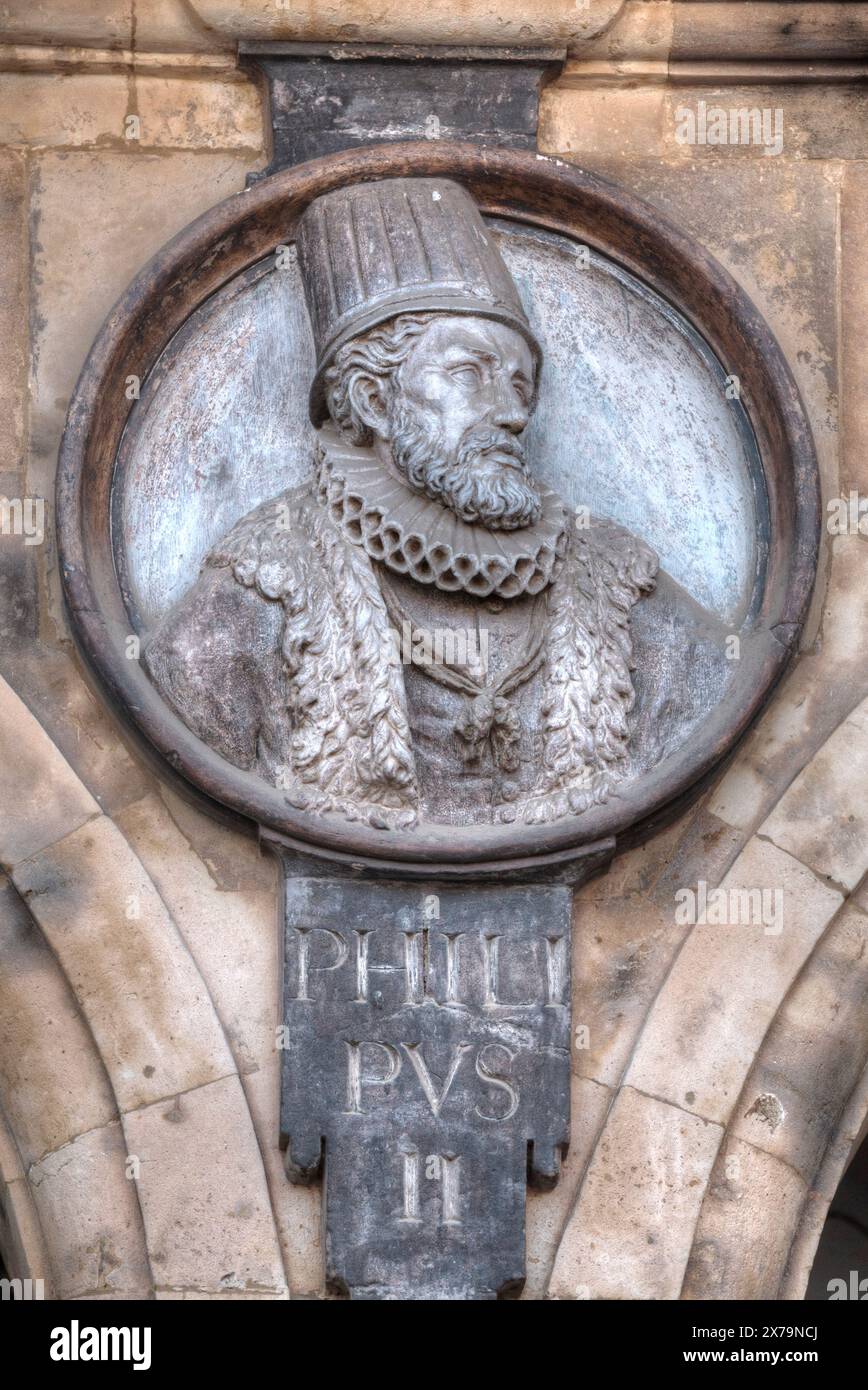 Médaillon du roi Philippe II, Plaza Mayor, Salamanque, site du patrimoine mondial de l'UNESCO, Espagne Banque D'Images