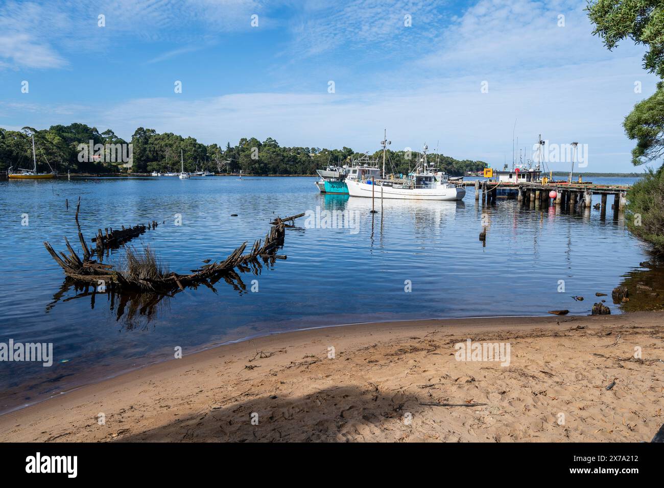 Restes de barges en bois abandonnés et pourris à Risby Cove, Strahan, côte ouest de la Tasmanie Banque D'Images