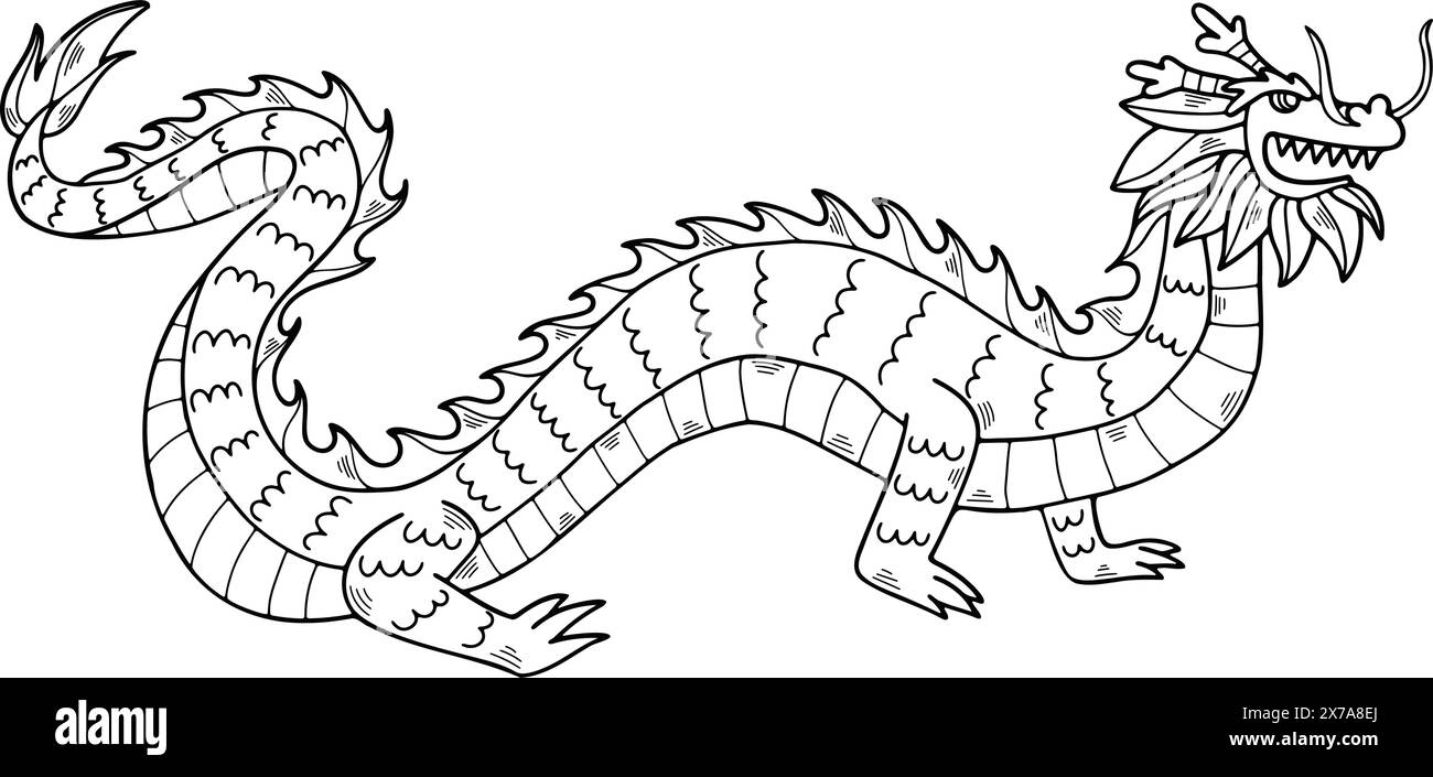 Une illustration de dragon de style chinois ou japonais dessinée à la main dans le style ligne Illustration de Vecteur