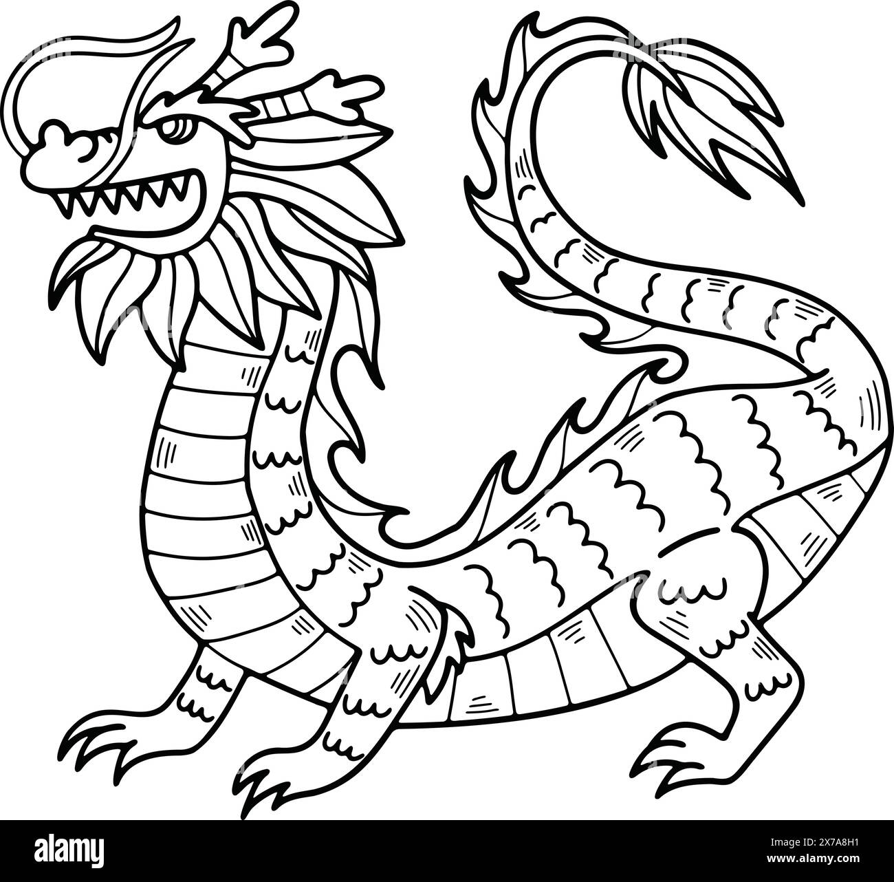 Une illustration de dragon de style chinois ou japonais dessinée à la main dans le style ligne Illustration de Vecteur