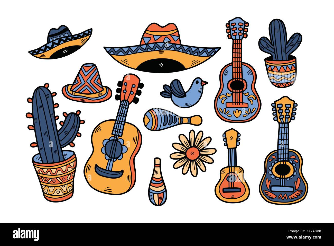 Une collection de divers instruments de musique et chapeaux, dont une guitare, un maraca et un sombrero Illustration de Vecteur