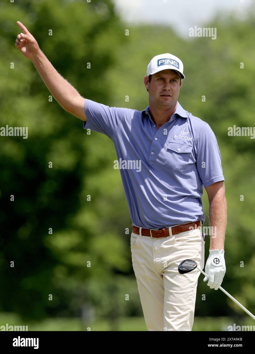 Louisville, États-Unis. 18 mai 2024. Harris English réagit à son tir au tee sur le cinquième trou lors de la troisième manche du Championnat PGA 2024 au Valhalla Golf course le samedi 18 mai 2024 à Louisville, Kentucky. Photo de John Sommers II/UPI crédit : UPI/Alamy Live News Banque D'Images