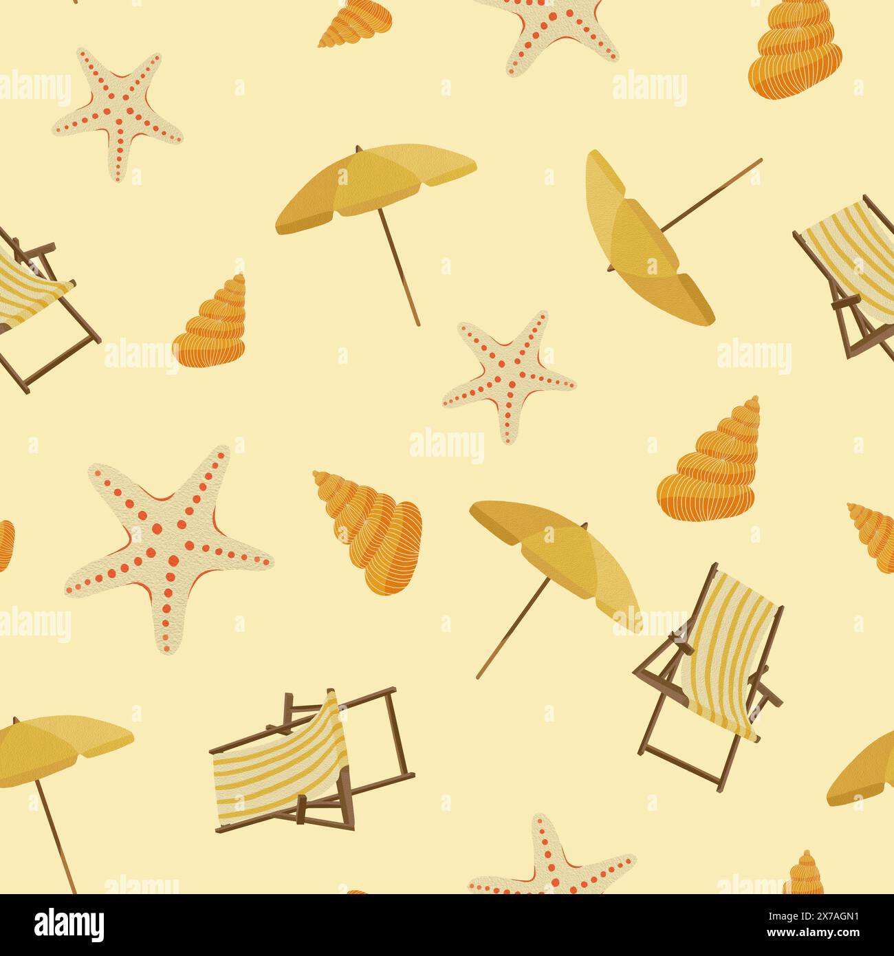 Poisson étoilé, coquille de mer, chaise de plage, parapluie, modèle sans couture, papier numérique, fond jaune, style plat, couleurs rétro Banque D'Images