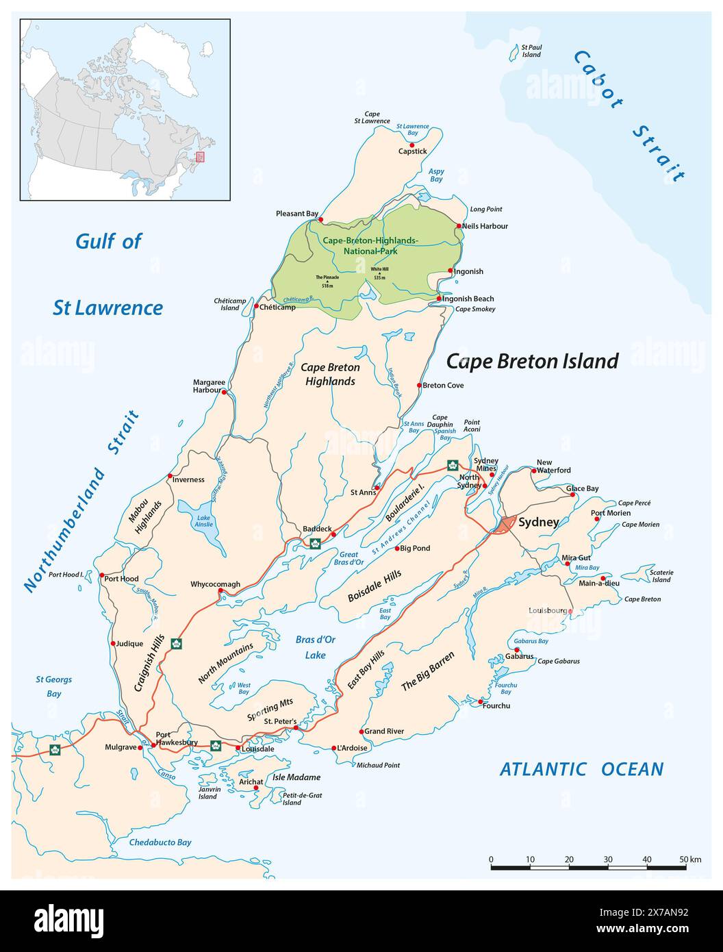 Carte routière vectorielle de l'île du Cap-Breton, Nouvelle-Écosse, Canada Banque D'Images
