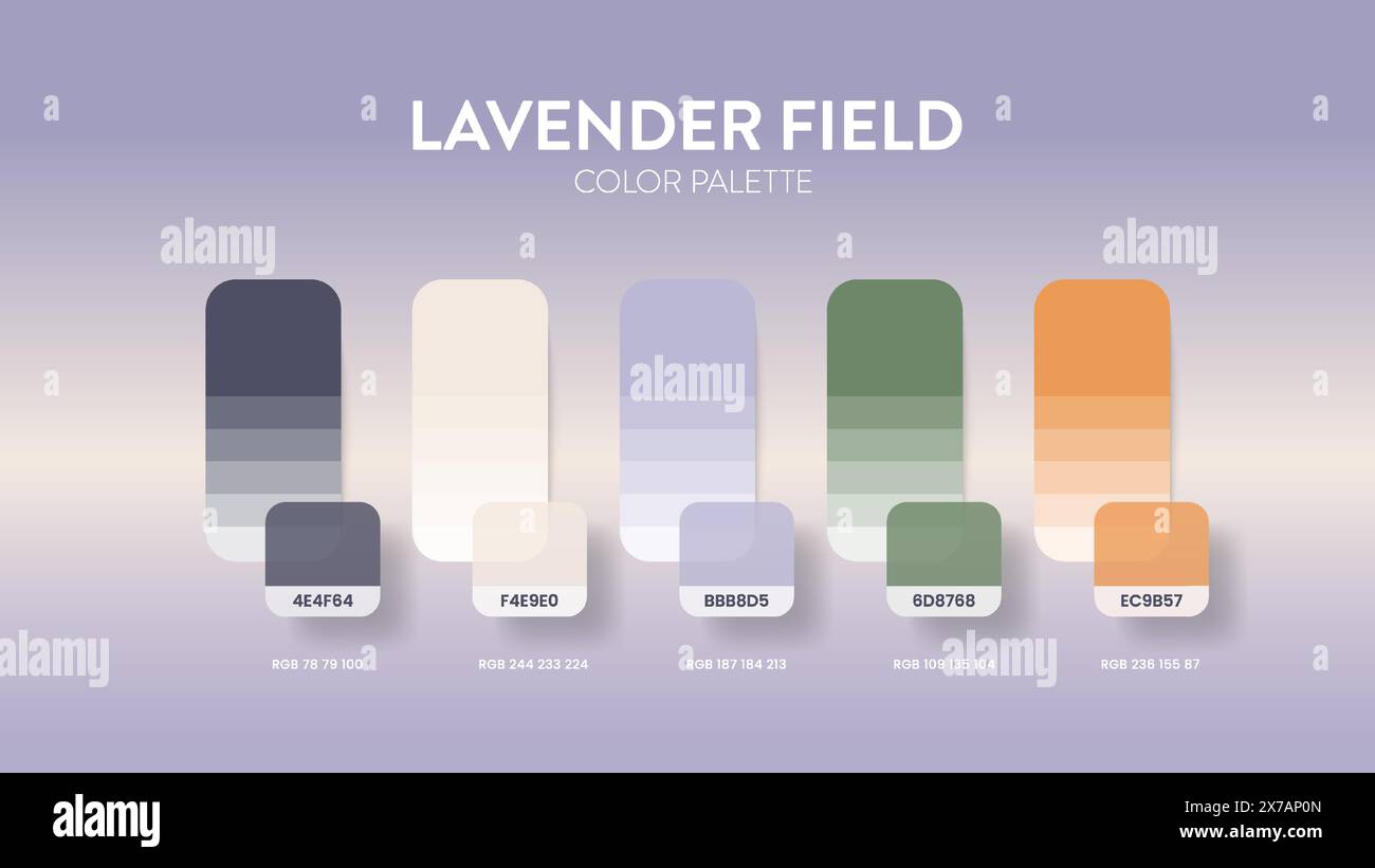 Guide de palette de couleurs dans les collections à thème Lavande. Inspiration de couleur ou graphique avec modèle de codes. Combinaison de couleurs RVB. Nuances de couleurs pour g. Illustration de Vecteur