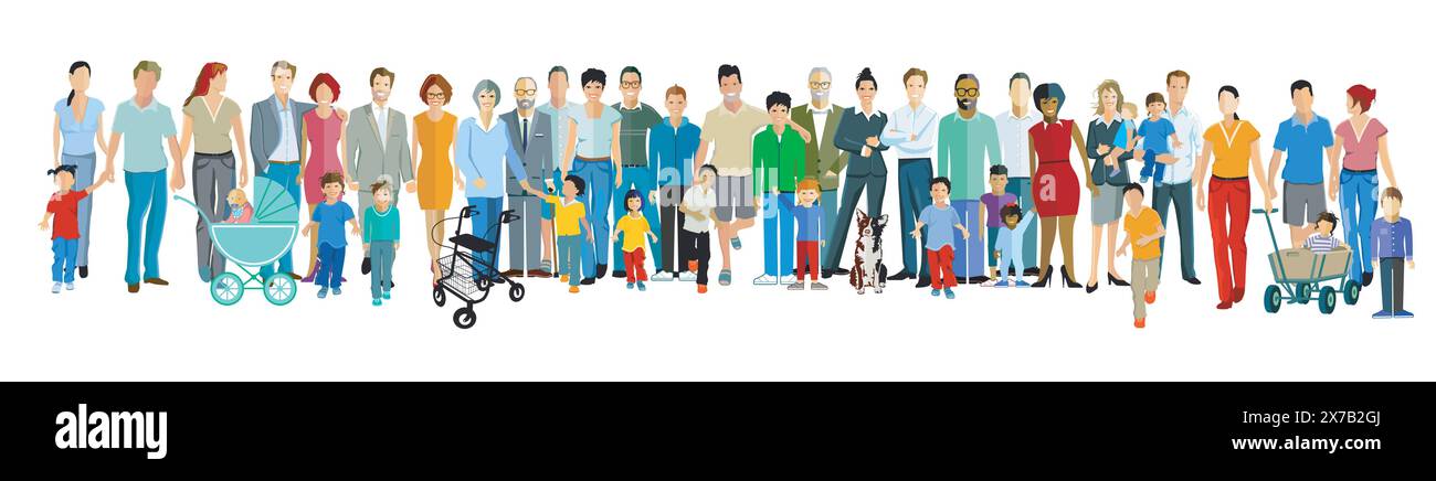 Un très grand groupe de personnes avec des parents avec des enfants, illustration isolée Illustration de Vecteur