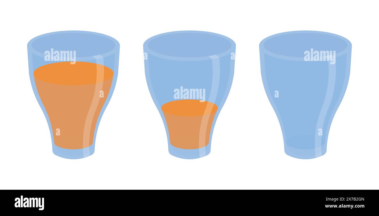 Jeu d'icônes d'illustration de jus d'orange plein, à moitié et vide. Ensemble de vecteur de verre de boisson de jus d'orange. Verre à lait. Icônes de jus d'orange Illustration de Vecteur